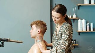 Neck and Shoulders Massage by Milena Lady Barber to Real Male Client