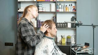 Relaxing Haircutting and hairwashing by Olga to Real Male Client