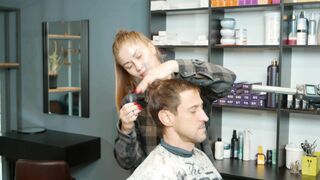 Relaxing Haircutting and hairwashing by Olga to Real Male Client