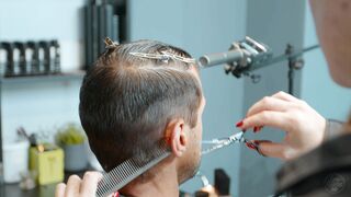 Relaxing Haircutting and hairwashing by Olga to Real Male Client