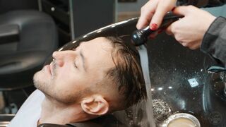 Relaxing Haircutting and hairwashing by Olga to Real Male Client