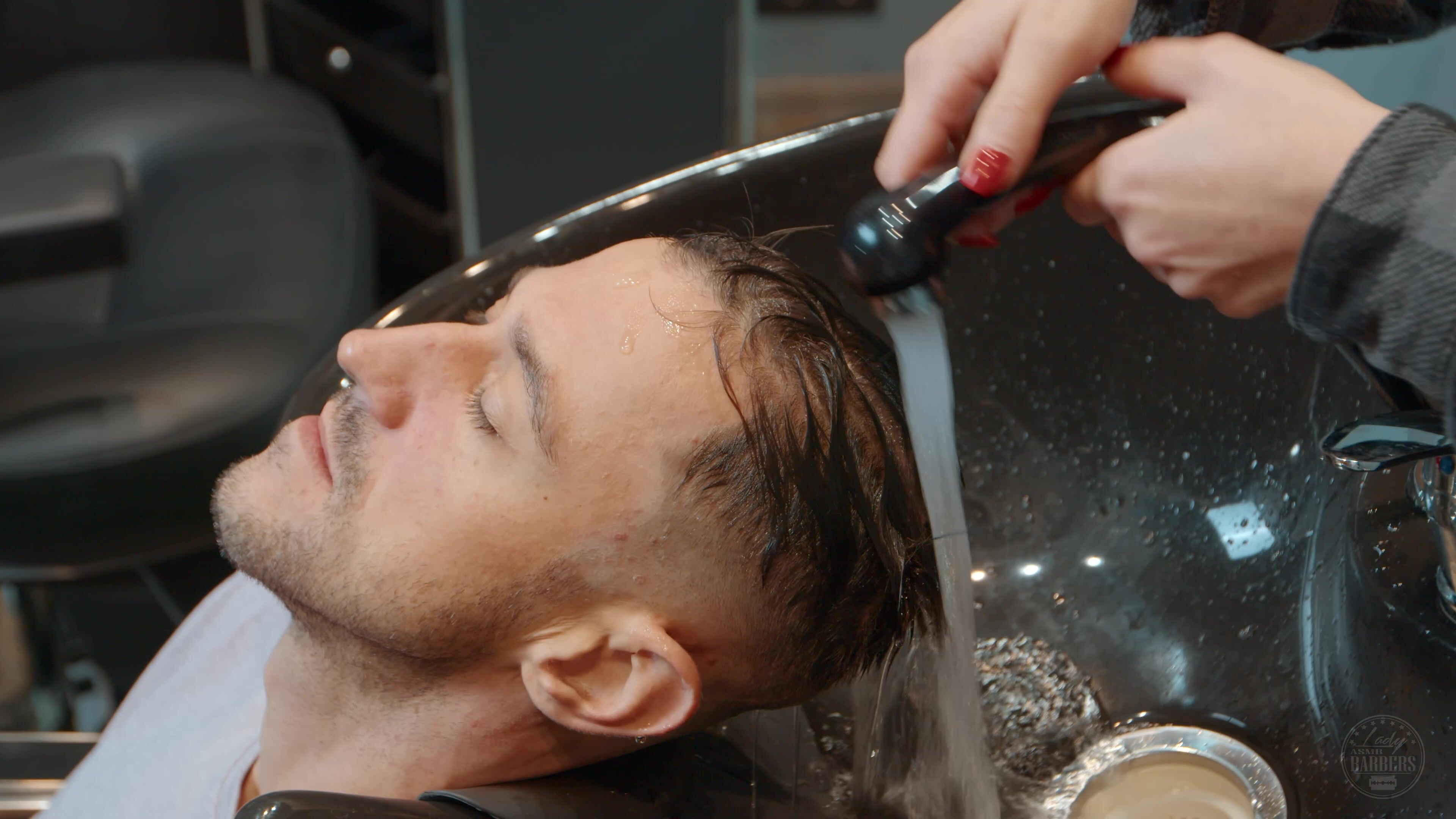 Relaxing Haircutting and hairwashing by Olga to Real Male Client